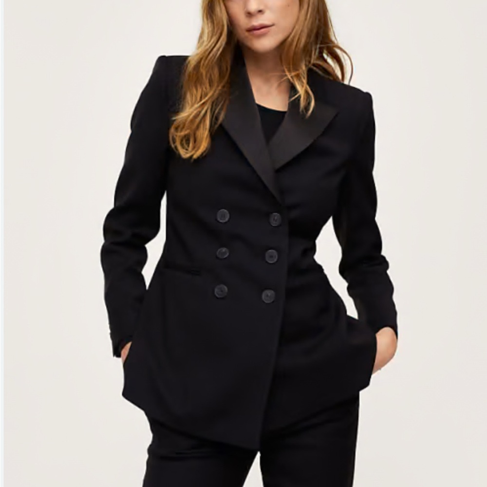 Mango Black Double-Breasted Blazer with Satin Lapel